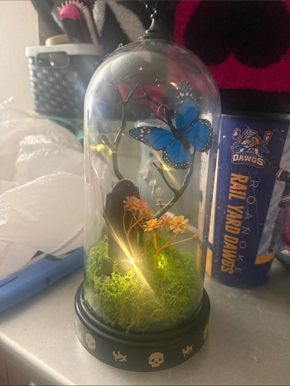 Spirit Blue Butterfly Glass Dome with Green Moss and Yellow Flowers